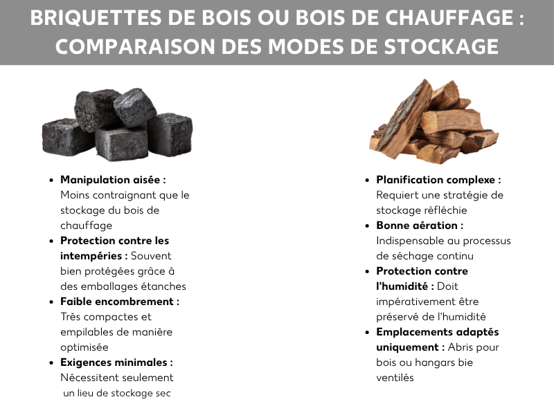 Infographie : briquettes de bois ou bois de chauffage, comparatif du stockage.