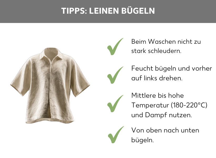 Infografik: Tipps Leinen bügeln. Ein Leinenhemd, daneben folgende Aufzählungspunkte: Beim Waschen nicht zu stark schleudern, feucht bügeln und vorher auf links drehen, mittlere bis hohe Temperatur 180 bis 220 Grad Clesius und Dampf nutzen, von oben nach unten bügeln.