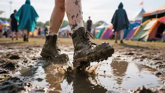 Schmuckbild: Person in Boots läuft über schlammigen Campingplatz