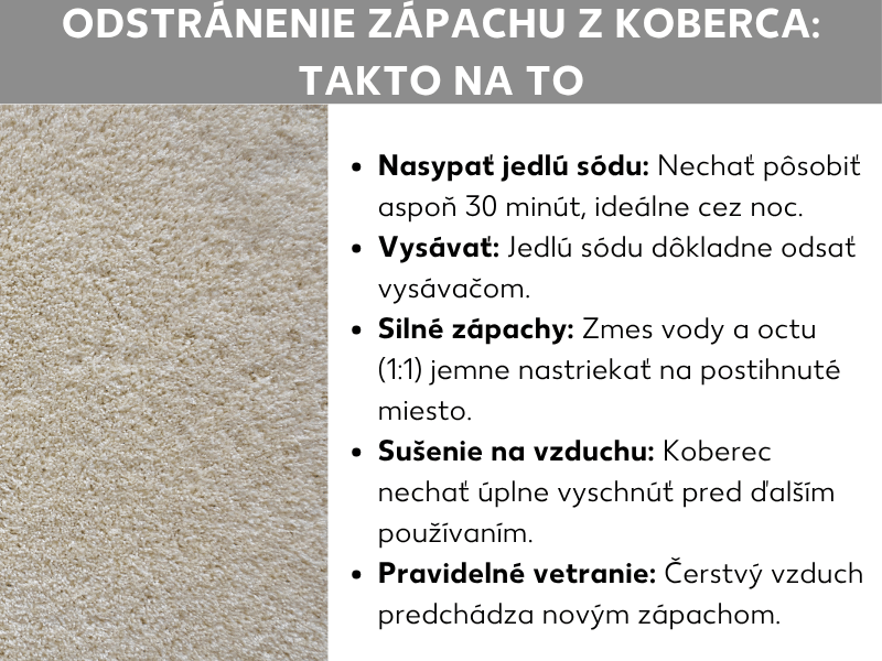 Infografika s názvom „Odstránenie zápachu z koberca: Ako na to". Vľavo detailná fotografia béžového koberca, vpravo päť tipov: sódu bikarbónu nechajte pôsobiť aspoň 30 minút a potom vysajte; pri silnom zápachu nastriekajte zmes vody a octu (1 : 1); koberec nechajte úplne vyschnúť; pravidelne vetrajte, aby ste predchádzali novým zápachom.