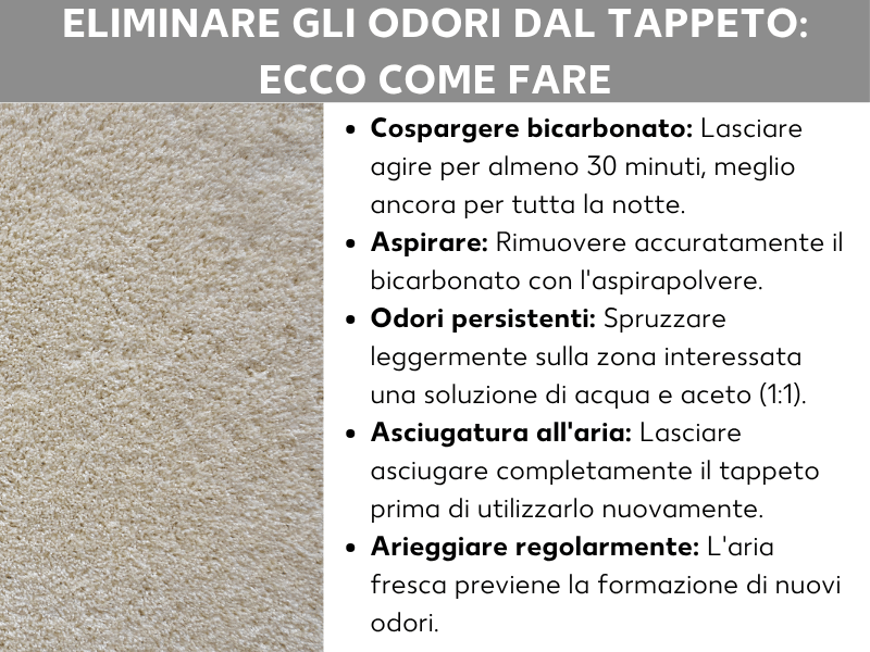 Infografica dal titolo „Eliminare l’odore dal tappeto: ecco come fare”. A sinistra, primo piano di un tappeto beige; a destra, cinque consigli: pulire con il bicarbonato; aspirare il bicarbonato; spruzzare una soluzione di acqua e aceto per gli odori più intensi; lasciare asciugare completamente il tappeto; arieggiare regolarmente per prevenire i cattivi odori.
