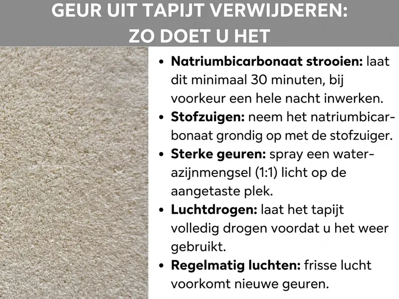 Infographic met de titel "Geur uit tapijt verwijderen: zo doe je dat". Links een close-upfoto van een beige tapijt, rechts vijf tips: natron minstens 30 minuten laten inwerken en dan opzuigen; bij sterke geuren een water-azijnmengsel (1) opsprayen; het tapijt volledig laten drogen; regelmatig luchten om nieuwe geuren te voorkomen.