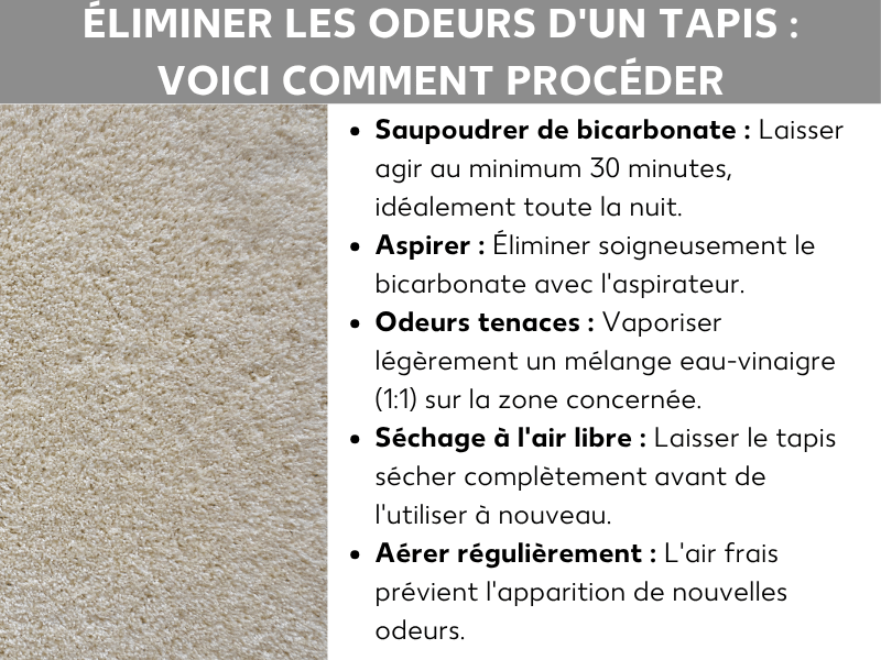 Infographie intitulée « Enlever une odeur de tapis : mode d'emploi ». À gauche, une photo en gros plan d'un tapis beige. À droite, cinq conseils : laisser agir le bicarbonate au moins 30 minutes, puis aspirer ; pour les odeurs fortes, vaporiser un mélange eau-vinaigre (1) ; laisser le tapis sécher entièrement ; aérer régulièrement pour prévenir les nouvelles odeurs.