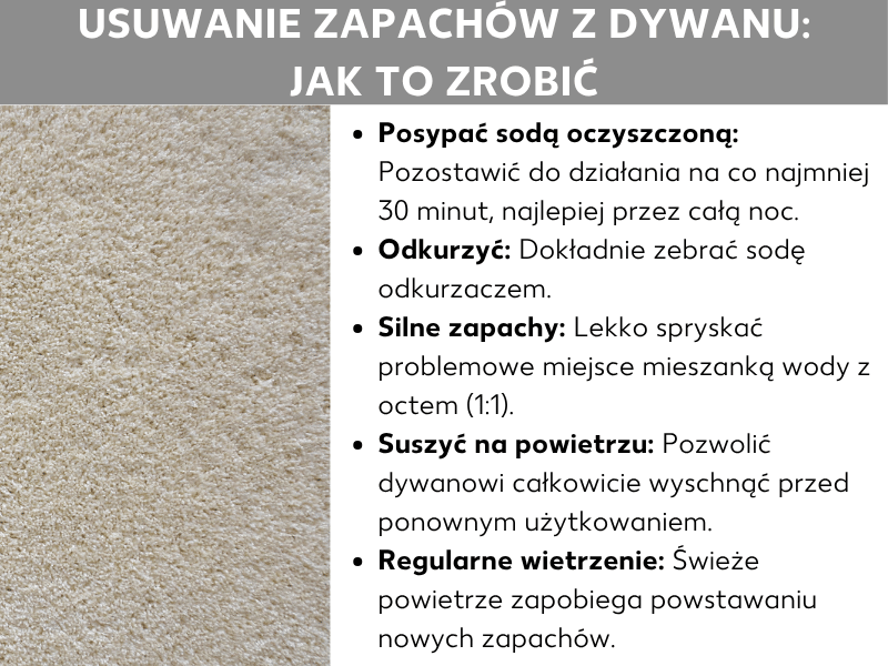 Infografika pt. „Usuwanie zapachu z dywanu – jak to zrobić”. Po lewej stronie widać zbliżenie na beżowy dywan, a po prawej pięć porad: 1. Posyp sodą i pozostaw na co najmniej 30 minut, a potem odkurz. 2. Przy silnych zapachach spryskaj dywan roztworem wody z octem (1). 3. Pozwól dywanowi całkowicie wyschnąć. 4. Regularnie wietrz pomieszczenie, aby zapobiec powstawaniu nowych zapachów.