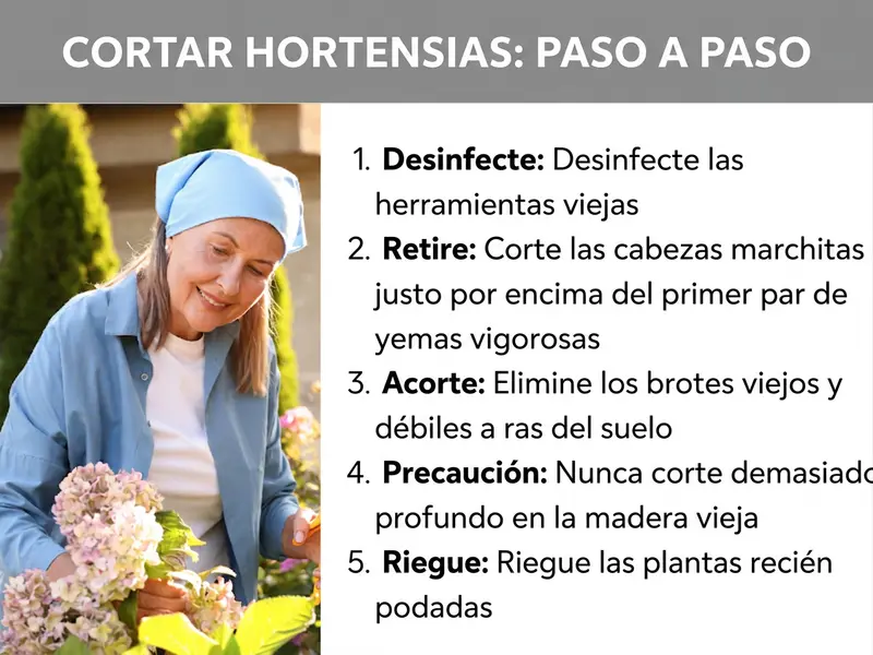 Infografía: poda de hortensias paso a paso. La ilustración muestra a una mujer con pañuelo azul en la cabeza podando hortensias. La lista incluye cinco puntos: 1. Desinfectar: desinfectar las herramientas antes de usarlas. 2. Eliminar: cortar las flores marchitas justo por encima del primer par de yemas vigorosas. 3. Recortar: retirar los brotes viejos y débiles a ras de suelo. 4. Precaución: no cortar nunca demasiado profundo en la madera vieja. 5. Regar: regar las plantas recién podadas.