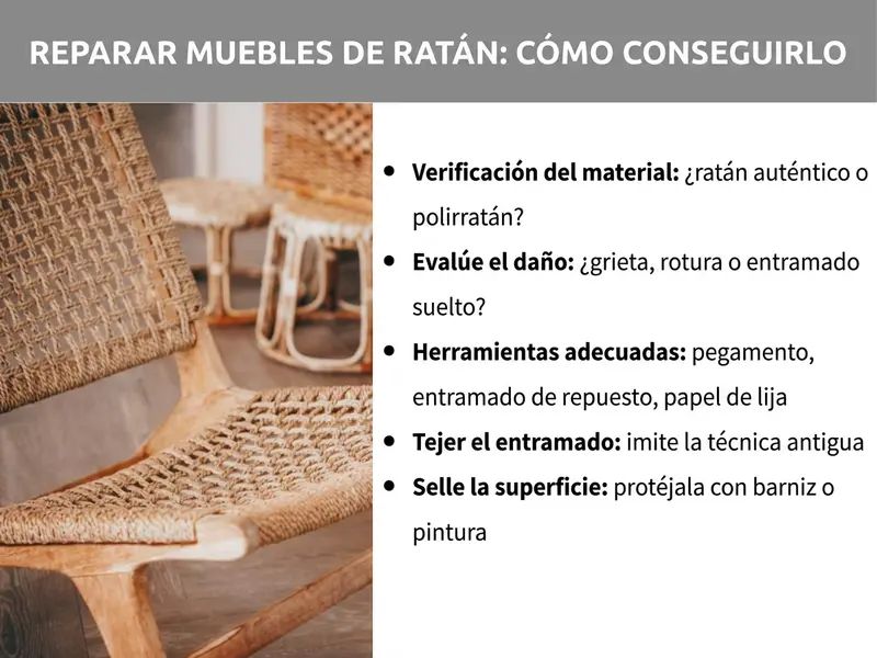 Infografía: reparar muebles de ratán — así se consigue. La imagen muestra a la izquierda una foto de sillas y un taburete de ratán en una estancia luminosa. A la derecha, una lista con cinco puntos: 1. Comprobación del material: ¿ratán natural o polirratán? 2. Evaluar el daño: ¿desgarro, rotura o trenzado suelto? 3. Herramientas adecuadas: adhesivo, trenzado de repuesto, papel de lija. 4. Trenzar el tejido: reproducir la técnica original. 5. Sellar la superficie: proteger con barniz o pintura.