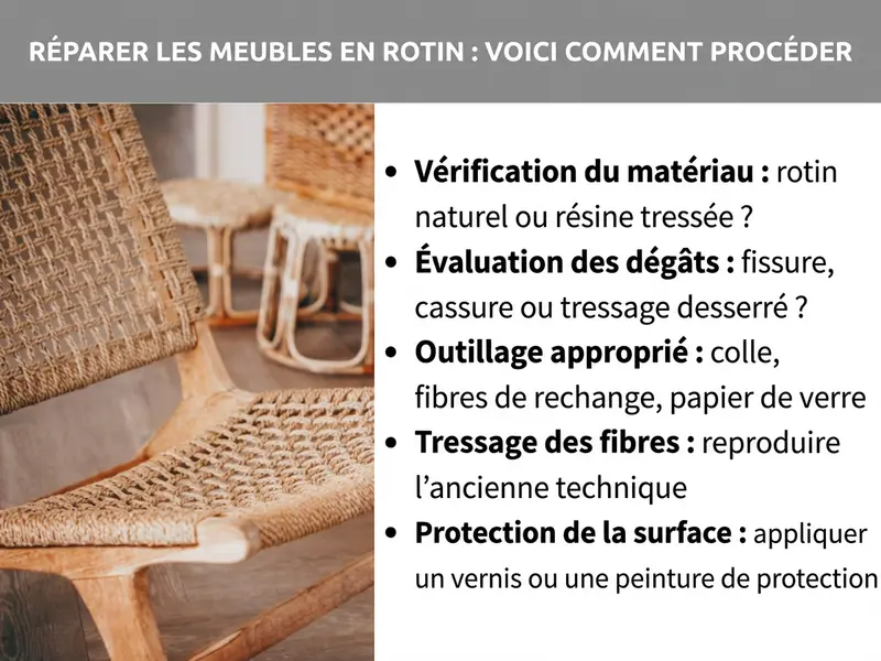 Infographie : réparer des meubles en rotin – mode d’emploi. À gauche, une photo de chaises et d’un tabouret en rotin dans une pièce lumineuse. À droite, une liste en cinq points : 1. Vérification du matériau : rotin naturel ou polyrotin ? 2. Évaluation des dommages : fissure, cassure ou tressage décollé ? 3. Outils adaptés : colle, tressage de remplacement, papier de verre. 4. Tressage : reproduire la technique d’origine. 5. Finition : protéger avec un vernis ou une peinture.
