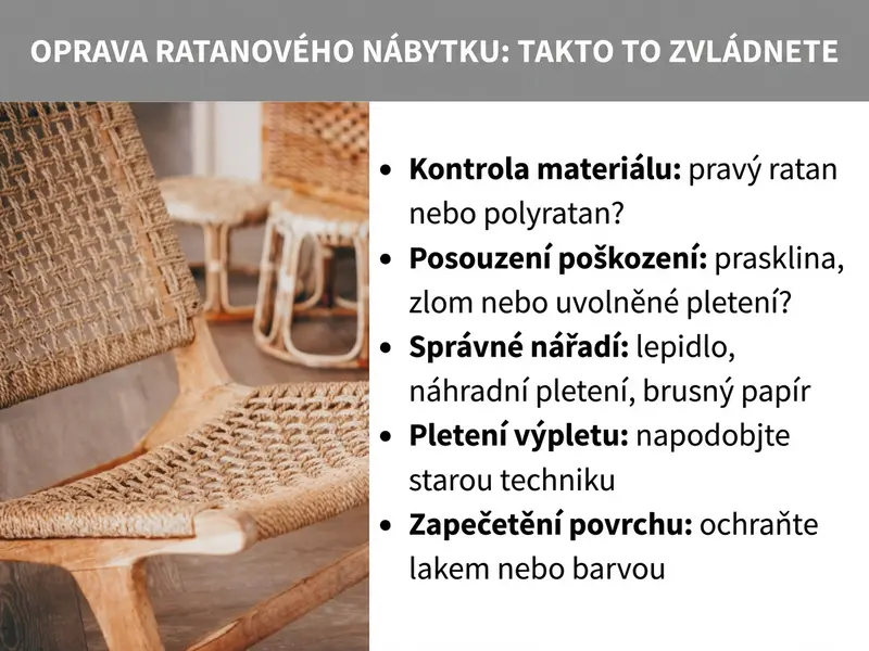 Infografika: Oprava ratanového nábytku. Vlevo ratanové židle, vpravo seznam: 1. Kontrola materiálu, 2. Posouzení poškození, 3. Správné nářadí, 4. Pletení výpletu, 5. Povrchová úprava.