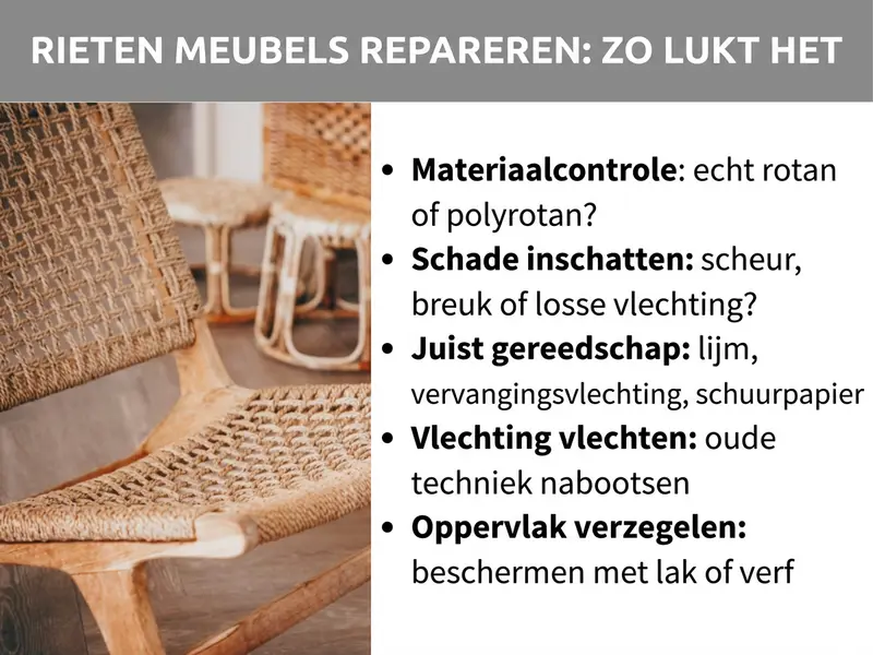Infographic: Rattanmeubels repareren – zo doe je dat. De afbeelding toont links een foto van rattanstoelen en een rattankruk in een lichte ruimte. Rechts daarnaast een lijst met vijf punten: 1. Materiaalcheck: echt rattan of polyrotan? 2. Schade inschatten: scheur, breuk of los vlechtwerk? 3. Juist gereedschap: lijm, vervangend vlechtwerk, schuurpapier. 4. Vlechtwerk vlechten: het oude patroon nabootsen. 5. Oppervlak afwerken: beschermen met lak of verf.