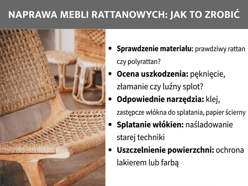 Infografika: Naprawa mebli rattanowych – jak to zrobić. Grafika przedstawia po lewej stronie zdjęcie rattanowych krzeseł i rattanowego taboretu w jasnym pomieszczeniu. Po prawej stronie lista z pięcioma punktami: 1. Sprawdź materiał: naturalny rattan czy technorattan? 2. Oceń uszkodzenie: pęknięcie, złamanie czy luźna plecionka? 3. Odpowiednie narzędzia: klej, zapasowa plecionka, papier ścierny. 4. Wplatanie plecionki: naśladuj oryginalną technikę. 5. Zabezpiecz powierzchnię: chroń lakierem lub farbą.