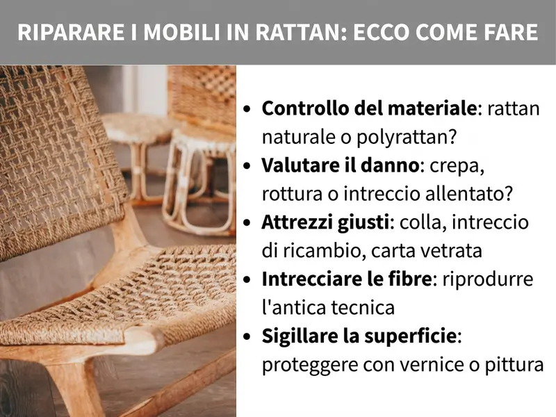 Infografica: riparare mobili in rattan – ecco come fare. A sinistra, una foto di sedie e uno sgabello in rattan in un ambiente luminoso. A destra, un elenco con cinque punti: 1. Controllo del materiale: rattan naturale o polirattan? 2. Valutazione del danno: crepa, rottura o intreccio allentato? 3. Strumenti giusti: colla, intreccio di ricambio, carta abrasiva. 4. Intrecciare: riprodurre la tecnica originale. 5. Sigillare la superficie: proteggere con lacca o vernice.