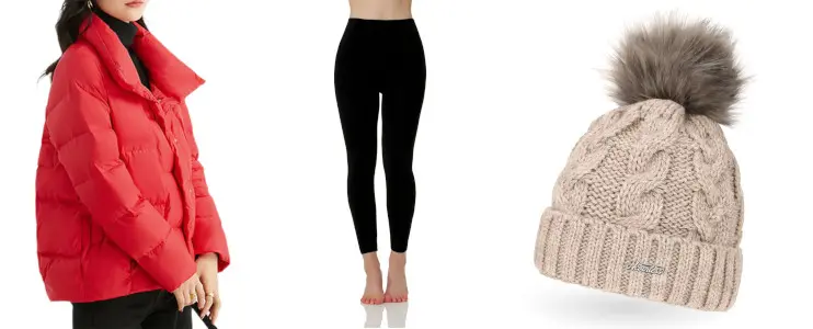 Outfitkombination für Damen aus Daunenjacke, Leggins und Fellmütze
