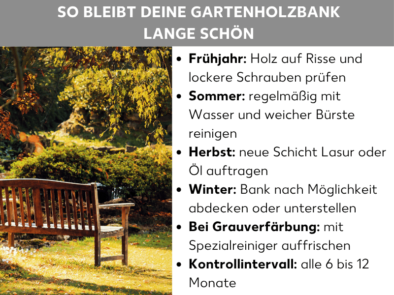 Infografik: So bleibt deine Gartenholzbank lange schön: Auf der linken Seite zeigt ein Foto eine hölzerne Gartenbank in herbstlicher Parklandschaft. Rechts daneben steht eine Liste mit sechs Pflegehinweisen im Jahresverlauf: 1. Frühjahr: Holz auf Risse und lockere Schrauben prüfen. 2. Sommer: regelmäßig mit Wasser und weicher Bürste reinigen. 3. Herbst: neue Schicht Lasur oder Öl auftragen. 4. Winter: Bank nach Möglichkeit abdecken oder unterstellen. 5. Bei Grauverfärbung: mit Spezialreiniger auffrischen. 6. Kontrollintervall: alle 6 bis 12 Monate.