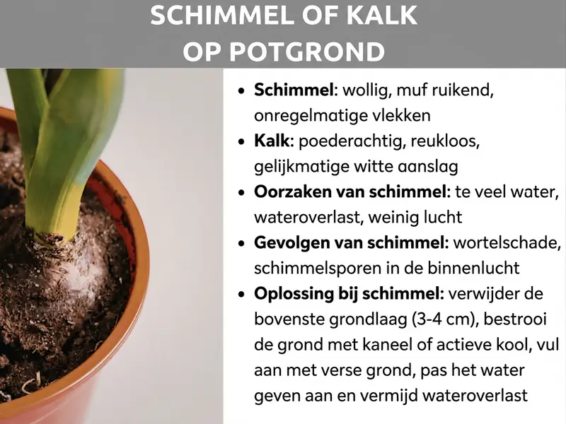 Infographic "Schimmel of kalk op potgrond": Links een foto van een bloempot met witte aanslag op de aarde. Rechts een opsomming: schimmel is pluizig, ruikt muf en vertoont onregelmatige vlekken; kalk is poederachtig, reukloos en vormt een gelijkmatige witte aanslag. Oorzaken van schimmel zijn te veel water, stilstaand water en weinig lucht. Gevolgen van schimmel zijn wortelschade en schimmelsporen in de binnenlucht. Oplossing bij schimmel: bovenste aardlaag (3–4 cm) verwijderen, aarde bestrooien met kaneel of actieve kool, aanvullen met verse aarde, watergeefgedrag aanpassen en stilstaand water vermijden.