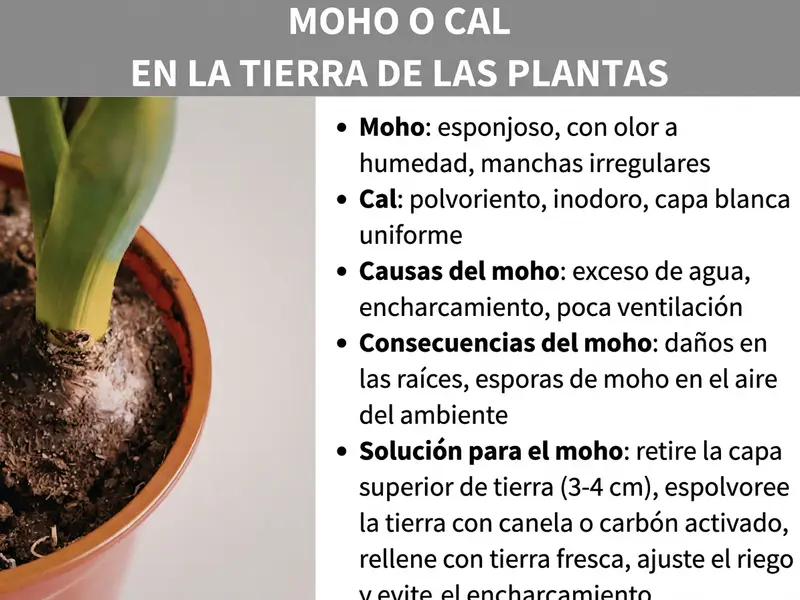 Infografía «Moho o cal en la tierra de las macetas»: a la izquierda, una foto de una maceta con una capa blanca sobre la tierra. A la derecha, una lista de puntos clave: el moho es esponjoso, huele a cerrado y forma manchas irregulares; la cal es pulverulenta, no tiene olor y forma una capa blanca uniforme. Las causas del moho son el exceso de agua, el encharcamiento y la falta de ventilación. Las consecuencias del moho son daños en las raíces y esporas en el aire de la estancia. Solución para el moho: retirar la capa superior de tierra (3–4 cm), espolvorear canela o carbón activo sobre la tierra, rellenar con sustrato fresco, ajustar el riego y evitar el encharcamiento.