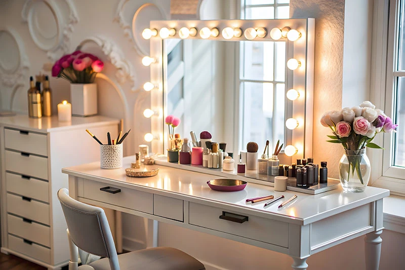 Camera per ragazze con cassettiera usata come postazione trucco