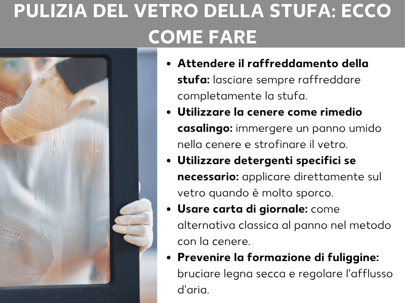 Come pulire il vetro del camino: la lista comprende cinque punti. 1. Aspettare che la stufa si raffreddi: lasciarla sempre raffreddare completamente. 2. Usare la cenere come rimedio naturale: immergere un panno umido nella cenere e strofinare il vetro. 3. Se necessario, utilizzare un detergente specifico: applicarlo direttamente sul vetro in caso di sporco ostinato. 4. Usare carta di giornale: un'alternativa classica al panno nel metodo con la cenere. 5. Prevenire la formazione di fuliggine: bruciare legna secca e regolare il flusso d'aria. A sinistra nell'immagine si vede una persona che pulisce un vetro del camino annerito dall'interno.