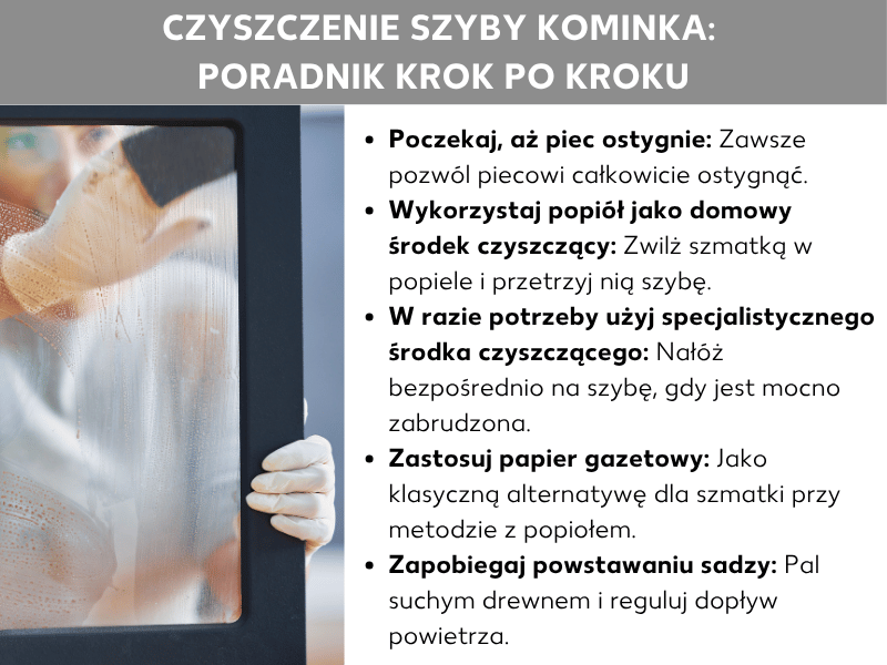 Czyszczenie szyby kominkowej – jak to zrobić: lista obejmuje pięć punktów: 1. Poczekaj, aż kominek wystygnie: zawsze pozwól, by piec całkowicie ostygł. 2. Użyj popiołu jako domowego środka: zanurz wilgotną ściereczkę w popiele i przetrzyj szybę. 3. W razie potrzeby sięgnij po specjalny środek: nałóż go bezpośrednio na szybę, jeśli jest mocno zabrudzona. 4. Użyj gazety: klasyczna alternatywa dla ściereczki przy metodzie z popiołem. 5. Zapobiegaj osadzaniu się sadzy: pal suchym drewnem i reguluj dopływ powietrza. Po lewej stronie widać osobę czyszczącą zakopconą szybę kominkową od wewnątrz.
