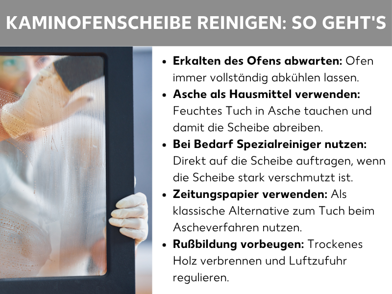 Kaminofenscheibe reinigen – So geht's: Die Liste umfasst fünf Punkte: 1. Erkalten des Ofens abwarten: Ofen immer vollständig abkühlen lassen. 2. Asche als Hausmittel verwenden: Feuchtes Tuch in Asche tauchen und damit die Scheibe abreiben. 3. Bei Bedarf Spezialreiniger nutzen: Direkt auf die Scheibe auftragen, wenn die Scheibe stark verschmutzt ist. 4. Zeitungspapier verwenden: Als klassische Alternative zum Tuch beim Ascheverfahren nutzen. 5. Rußbildung vorbeugen: Trockenes Holz verbrennen und Luftzufuhr regulieren. Links im Bild ist eine Person zu sehen, die eine verrußte Kaminscheibe von innen reinigt.