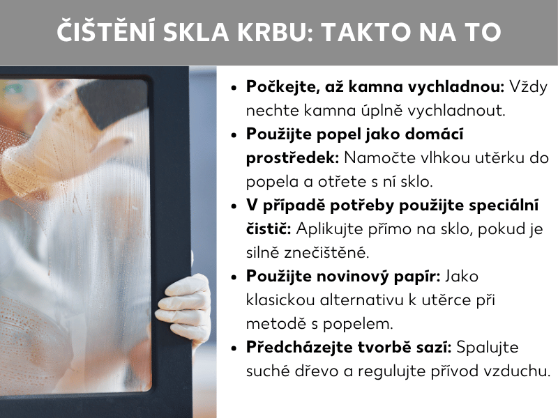 Infografika s pěti tipy na čištění krbového skla, od přípravy až po prevenci usazování sazí. Vlevo čistí osoba sklo krbu zevnitř.