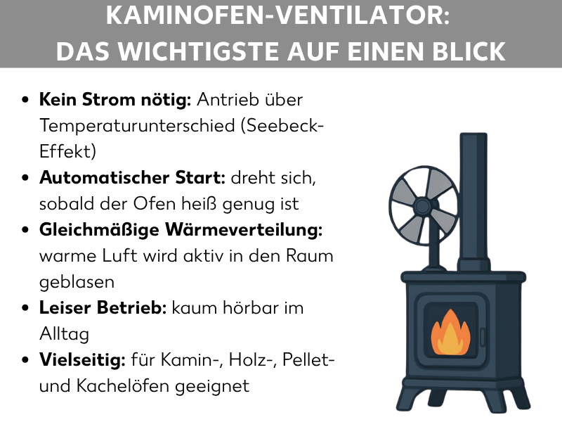 Infografik: Kaminofen-Ventilator: Das Wichtigste auf einen Blick. Die Liste umfasst fünf Punkte: 1. Kein Strom nötig: Antrieb über Temperaturunterschied (Seebeck-Effekt). 2. Automatischer Start: dreht sich, sobald der Ofen heiß genug ist. 3. Gleichmäßige Wärmeverteilung: warme Luft wird aktiv in den Raum geblasen. 4. Leiser Betrieb: kaum hörbar im Alltag. 5. Vielseitig: für Kamin-, Holz-, Pellet- und Kachelöfen geeignet. Rechts daneben eine Illustration eines schwarzen Kaminofens mit einem Ventilator auf der Oberseite und sichtbarer Flamme hinter der Scheibe.