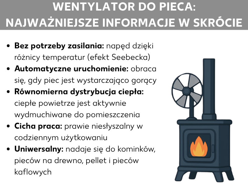 Infografika: Wentylator kominkowy – najważniejsze informacje w skrócie. Lista obejmuje pięć punktów: 1. Bez prądu: napęd dzięki różnicy temperatur (efekt Seebecka). 2. Automatyczny start: zaczyna działać, gdy piec jest odpowiednio gorący. 3. Równomierne rozprowadzanie ciepła: ciepłe powietrze jest aktywnie kierowane do pomieszczenia. 4. Cicha praca: praktycznie niesłyszalny na co dzień. 5. Wszechstronność: nadaje się do pieców kominkowych, na drewno, na pellet i pieców kaflowych. Po prawej stronie ilustracja czarnego pieca kominkowego z wentylatorem na górze i widocznym płomieniem za szybą.