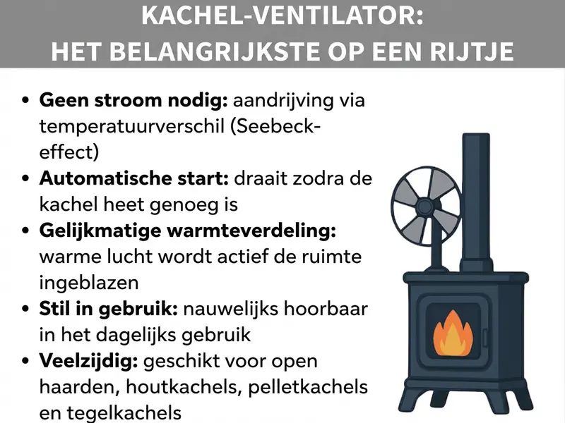 Infographic: Kachelventilator: het belangrijkste op een rij. De lijst bevat vijf punten: 1. Geen stroom nodig: aangedreven door temperatuurverschil (Seebeck-effect). 2. Automatische start: draait zodra de kachel heet genoeg is. 3. Gelijkmatige warmteverdeling: warme lucht wordt actief de ruimte in geblazen. 4. Stille werking: nauwelijks hoorbaar in het dagelijks gebruik. 5. Veelzijdig: geschikt voor open haarden, houtkachels, pelletkachels en tegelkachels. Rechts ernaast een illustratie van een zwarte houtkachel met een ventilator op de bovenkant en een zichtbare vlam achter het glas.