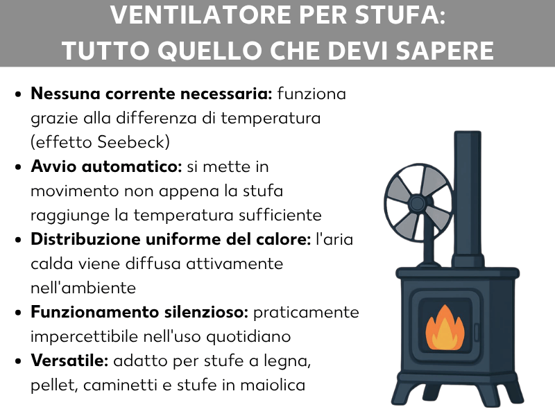 Infografica: ventilatore per stufa a colpo d'occhio. L'elenco comprende cinque punti: 1. Nessuna corrente necessaria: funzionamento basato sulla differenza di temperatura (effetto Seebeck). 2. Avvio automatico: si attiva non appena la stufa è sufficientemente calda. 3. Distribuzione uniforme del calore: l'aria calda viene soffiata attivamente nell'ambiente. 4. Funzionamento silenzioso: quasi impercettibile nella vita quotidiana. 5. Versatile: adatto a stufe a legna, a pellet, in maiolica e caminetti. A destra, l'illustrazione di una stufa nera con un ventilatore sulla parte superiore e la fiamma visibile dietro il vetro.