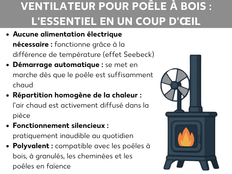 Infographie : ventilateur pour poêle à bois, l’essentiel en un coup d’œil. La liste comprend cinq points : 1. Aucune alimentation électrique nécessaire, fonctionnement par différence de température (effet Seebeck). 2. Démarrage automatique dès que le poêle est suffisamment chaud. 3. Répartition homogène de la chaleur grâce au souffle d’air chaud dans la pièce. 4. Fonctionnement silencieux, quasi inaudible au quotidien. 5. Compatible avec les poêles à bois, à granulés et en faïence. À droite, une illustration d’un poêle noir avec un ventilateur sur le dessus et une flamme visible derrière la vitre.
