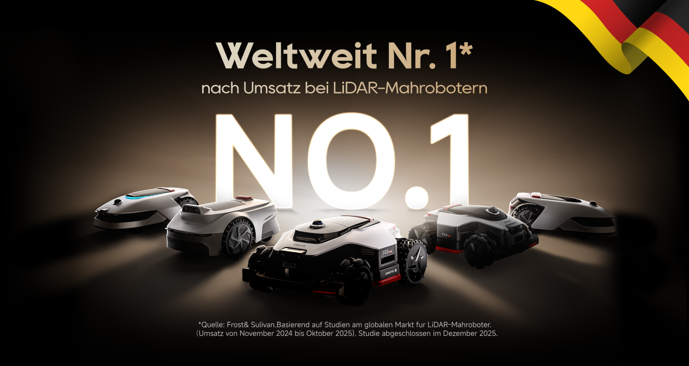 Werbung: Weltweit Nr. 1 nach Umsatz bei LiDAR-Mährobotern. Das Bild zeigt fünf Mähroboter und eine Deutschlandflagge.