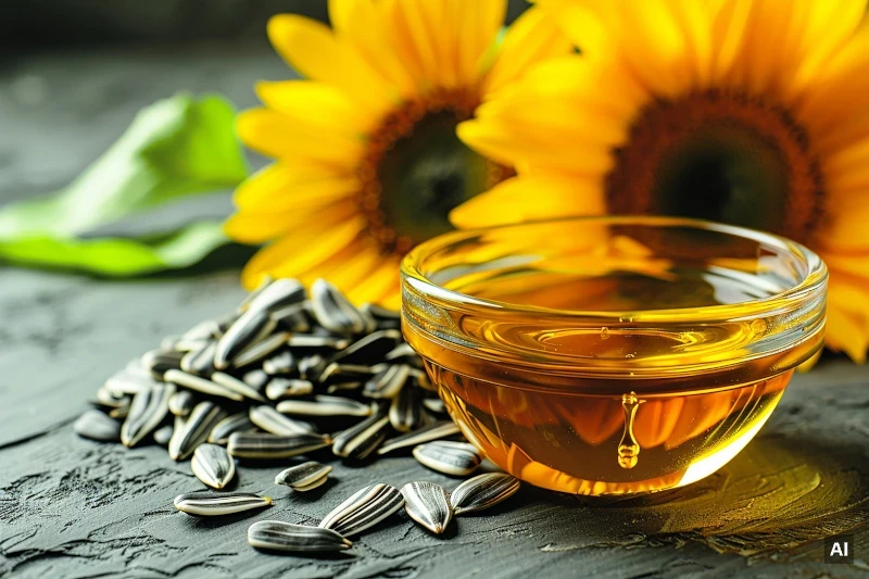Schmuckbild: Eine Glasschale gefüllt mit Öl, daneben ungeschälte Sonnenblumenkerne. Im Hintergrund sind zwei Sonnenblumen zu sehen. (Mit KI generiert)