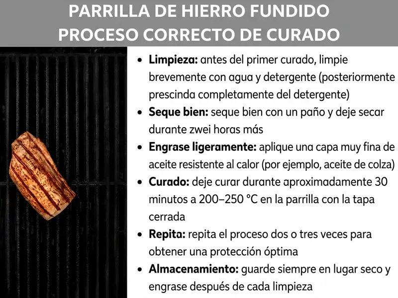 Infografía: instrucciones para el curado correcto de una rejilla de hierro fundido. A la izquierda se ve una foto de una rejilla de hierro fundido negra con un trozo de carne a la parrilla. A la derecha se enumeran seis pasos: 1. Limpiar: antes del primer curado, limpiar brevemente con agua y detergente; después, prescindir por completo del detergente. 2. Secar bien: secar con un paño y dejar secar dos horas más. 3. Engrasar con una capa fina: aplicar una capa muy fina de aceite resistente al calor, p. ej., aceite de colza. 4. Curar: dejar curar unos 30 minutos a 200-250 °C en la parrilla con la tapa cerrada. 5. Repetir: repetir el proceso dos o tres veces para una protección óptima. 6. Almacenar: guardar siempre en un lugar seco y engrasar después de cada limpieza.