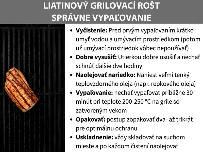 Infografika: Návod na správne vypálenie liatinového grilovacieho roštu. Vľavo je fotografia čierneho liatinového grilovacieho roštu s kusom grilovaného mäsa. Vpravo je šesť krokov: 1. Vyčistiť – pred prvým vypálením krátko umyť vodou a saponátom, potom saponát úplne vynechať. 2. Dôkladne osušiť – utrieť handričkou a nechať ďalšie dve hodiny schnúť. 3. Jemne naolejovať – naniesť veľmi tenkú vrstvu tepelne odolného oleja, napr. repkového. 4. Vypáliť – nechať približne 30 minút vypaľovať na grile pri 200 – 250 °C so zavretým poklopom. 5. Zopakovať – postup dvakrát až trikrát zopakovať pre optimálnu ochranu. 6. Uložiť – vždy skladovať na suchom mieste a po každom čistení naolejovať.