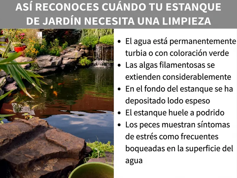 Infografía: así detectas cuándo tu estanque necesita una limpieza. La lista incluye cinco puntos: 1. El agua está permanentemente turbia o tiene un tono verdoso. 2. Las algas filamentosas se extienden de forma abundante. 3. En el fondo del estanque se ha acumulado una capa gruesa de lodo. 4. El estanque desprende un olor a podrido. 5. Los peces muestran síntomas de estrés, como boqueadas frecuentes en la superficie del agua. De fondo se ve un estanque de jardín con plantación, peces koi y piedras naturales.