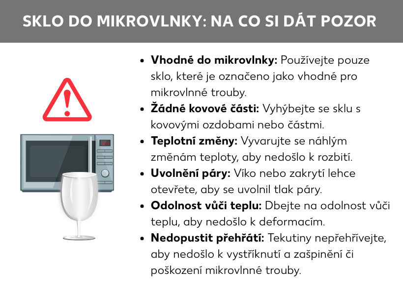 Informační grafika: Vhodné do mikrovlnky: Používejte pouze sklo, které je označeno jako vhodné do mikrovlnky a je bez kovových částí: Vyvarujte se skla s kovovým zdobením nebo součástmi. Změna teplot: Zamezte náhlým teplotním změnám, aby nedošlo k prasknutí. Únik páry: Víko nebo zakrytí nechte mírně pootevřené pro uvolnění tlaku páry. Odolnost vůči teplu: Dbejte na tepelnou odolnost, aby nedošlo k deformaci. Vyhněte se přílišnému zahřívání: Kapaliny nepřehřívejte, aby nedošlo k jejich vystříknutí