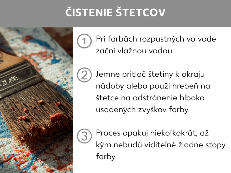 Infografika: čistenie štetcov – štetec ponorte do vlažnej vody a jemne ho pritláčajte k okraju nádoby. Postup opakujte, kým neodstránite všetky zvyšky farby.