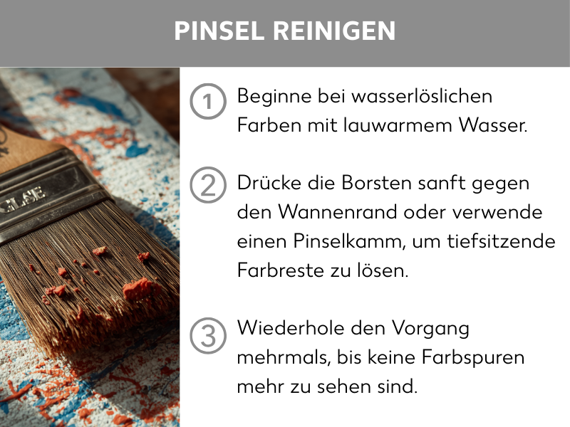 Infografik: Pinsel reinigen: Pinsel in lauwarmes Wasser geben und sanft gegen den Wannenrand drücken. Vorgang wiederholen, bis alle Farbreste entfernt sind.