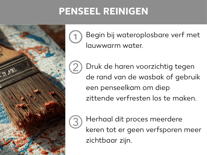 Infographic: Kwasten reinigen: kwast in lauwwarm water dompelen en voorzichtig tegen de rand van de bak drukken. Herhaal dit tot alle verfresten verwijderd zijn.