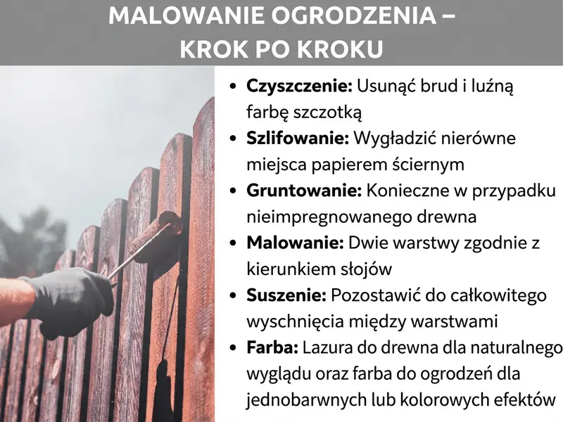 Infografika: nagłówek „Malowanie ogrodzenia – jak to zrobić". Po lewej zdjęcie przedstawia dłoń w czarnej rękawicy roboczej, nakładającą małym wałkiem czerwonobrązową lazurę na sztachety drewnianego płotu. Po prawej lista sześciu kroków: czyszczenie – usunięcie brudu i starej farby szczotką; szlifowanie – wygładzenie nierówności papierem ściernym; gruntowanie – konieczne przy surowym drewnie; malowanie – nałożenie dwóch warstw wzdłuż słojów drewna; schnięcie – pełne wyschnięcie między warstwami; farba – lazura do drewna dla naturalnego wyglądu, farba do ogrodzenia dla jednolitego lub kolorowego efektu.