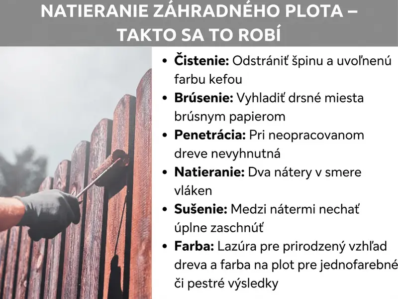Infografika: Nadpis „Natieranie záhradného plotu – ako na to“. Vľavo fotografia ruky v čiernej pracovnej rukavici, ktorá malým valčekom nanáša červenohnedú lazúru na laty dreveného plotu. Vpravo zoznam šiestich pracovných krokov: Čistenie – kefou odstrániť nečistoty a uvoľnenú farbu; Brúsenie – brúsnym papierom vyhladiť drsné miesta; Grundovanie – potrebné pri neošetrenom dreve; Natieranie – naniesť dve vrstvy v smere vlákien dreva; Schnutie – medzi vrstvami nechať úplne zaschnúť; Farba – lazúra na drevo pre prirodzený vzhľad dreva, farba na plot pre jednofarebný alebo farebný výsledok.