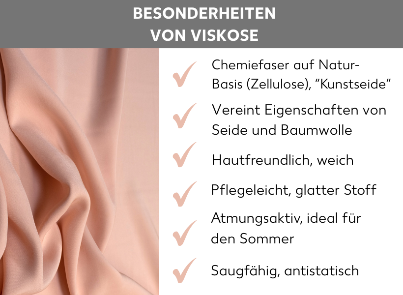 Infografik: Besonderheiten von Viskose. Chemiefaser auf Natur-Basis (Zellulose), Kunstseide. Vereint Eigenschaften von Seide und Baumwolle, hautfreundlich, weich, pflegeleicht, glatter Stoff, atumungsaktiv, ideal für den Sommer, saugfähig, antistatisch.
