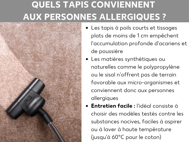 Infographie sur les tapis pour personnes allergiques : aspirateur sur un tapis à poils courts et 3 conseils d'expert.