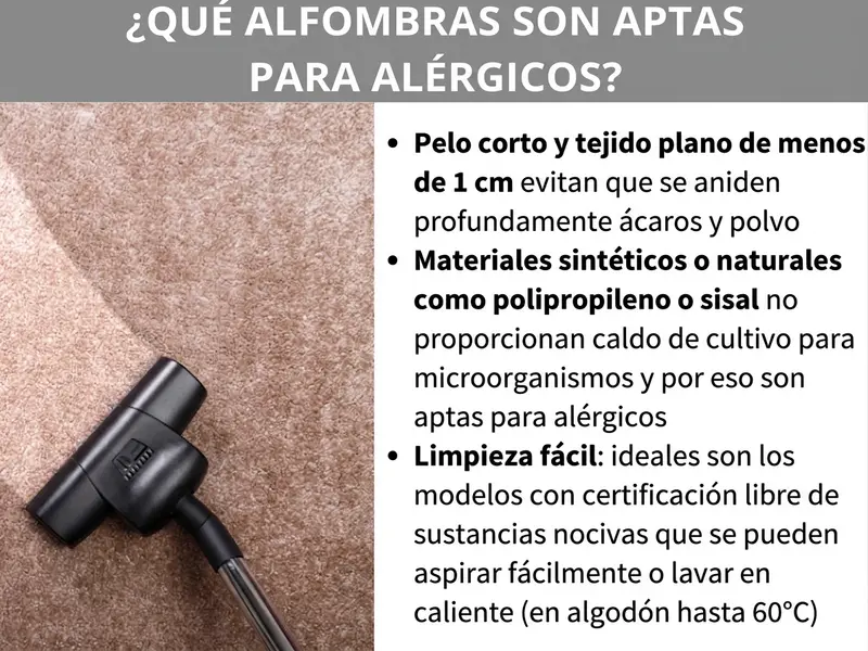 Infografía sobre el tema «¿Qué alfombras son aptas para alérgicos?» con una foto de un aspirador sobre una alfombra clara de pelo corto. Los tres consejos indicados: pelo corto y tejido plano de menos de 1 cm mantienen a raya los ácaros y el polvo; materiales sintéticos o naturales como el polipropileno o el sisal no ofrecen un entorno propicio para los microorganismos; los modelos fáciles de limpiar y con certificación libre de sustancias nocivas se pueden aspirar o lavar a hasta 60 °C (en el caso del algodón).