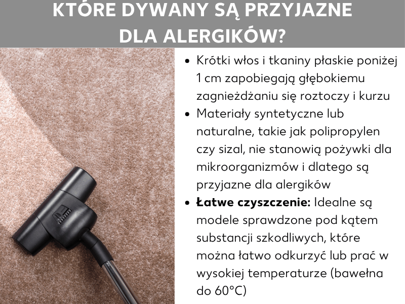 Infografika przedstawiająca cechy dywanu dla alergika: krótkie włosie, odpowiedni materiał i łatwość czyszczenia.