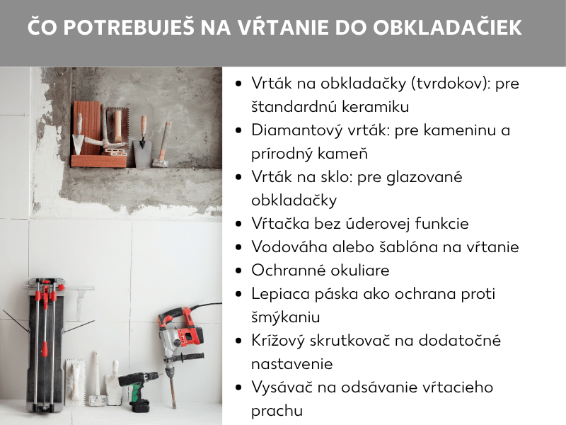 Infografika: Čo potrebujete na vŕtanie do dlaždíc. Zoznam zahŕňa deväť bodov: 1. Vrták na dlaždice (tvrdokov): na štandardnú keramiku. 2. Diamantový vrták: na slinutú keramiku a prírodný kameň. 3. Vrták na sklo: na glazované dlaždice. 4. Vŕtačka bez príklepu. 5. Vodováha alebo vŕtacia šablóna. 6. Ochranné okuliare. 7. Lepiaca páska ako ochrana proti šmýkaniu. 8. Krížový skrutkovač na dojustovanie. 9. Vysávač na odsávanie vŕtacieho prachu. Vľavo od zoznamu sú dve fotografie: hore hrubá stena s tehlami a murárskym náradím, dole dlaždice s rezačkou a vŕtačkou.