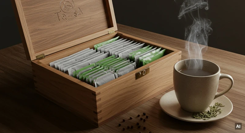 Schmuckbild: Eine mit Teebeuteln gefüllte Teebox aus Holz steht auf einem Holztisch, daneben eine Tasse mit dampfendem Tee. Auf dem Tisch und der Untertasse sind Gewürze und Kräuter zu sehen. (Mit KI generiert)