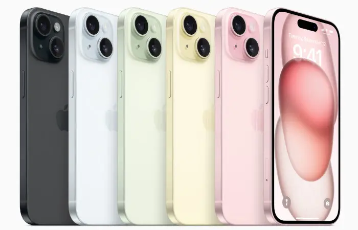 iPhone 15 in den Farben Schwarz, Weiß, Grün, Gelb und Pink