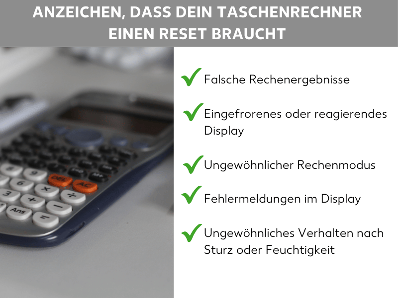 Infografik: Anzeichen, dass dein Taschenrechner einen Reset braucht: Die Liste umfasst fünf Punkte: 1. Falsche Rechenergebnisse. 2. Eingefrorenes oder reagierendes Display. 3. Ungewöhnlicher Rechenmodus. 4. Fehlermeldungen im Display. 5. Ungewöhnliches Verhalten nach Sturz oder Feuchtigkeit.