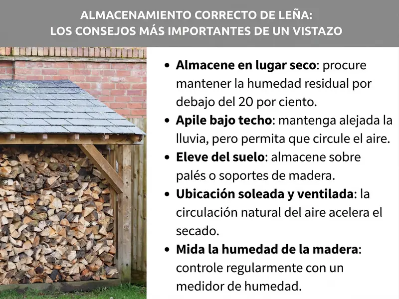Infografía: Almacenar leña correctamente: los consejos más importantes de un vistazo. El gráfico muestra un cobertizo cubierto al aire libre, lleno de leña apilada. La lista incluye cinco puntos: 1. Almacenamiento seco: aspirar a una humedad residual inferior al 20 %. 2. Apilar bajo techo: mantener la lluvia alejada, pero dejar que circule el aire. 3. Elevar del suelo: colocar sobre palés o soportes de madera. 4. Ubicación soleada y aireada: la circulación natural del aire acelera el secado. 5. Medir la humedad de la madera: controlar periódicamente con un medidor de humedad.