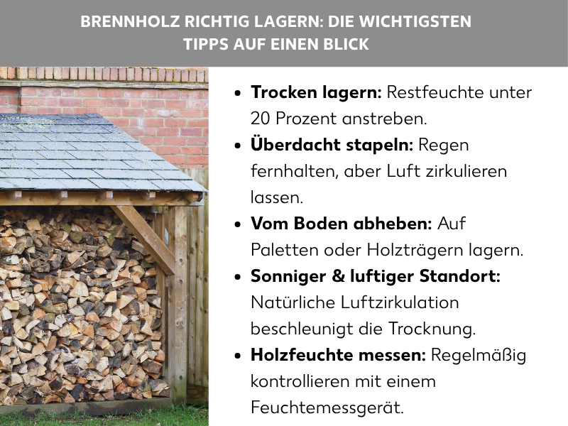 Infografik: Brennholz richtig lagern: Die wichtigsten Tipps auf einen Blick. Die Grafik zeigt einen überdachten Holzunterstand im Freien, gefüllt mit gestapeltem Brennholz. Die Liste umfasst fünf Punkte: 1. Trocken lagern: Restfeuchte unter 20 Prozent anstreben. 2. Überdacht stapeln: Regen fernhalten, aber Luft zirkulieren lassen. 3. Vom Boden abheben: Auf Paletten oder Holzträgern lagern. 4. Sonniger und luftiger Standort: Natürliche Luftzirkulation beschleunigt die Trocknung. 5. Holzfeuchte messen: Regelmäßig kontrollieren mit einem Feuchtemessgerät.